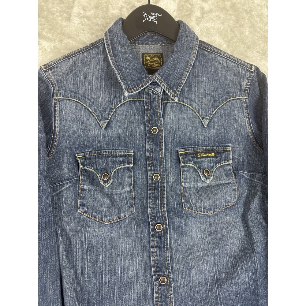 Lucky Brand‎ Western Pearl Snap Blue  Denim Shirt Women's Large Cotton Rodeo - Picture 3 of 8